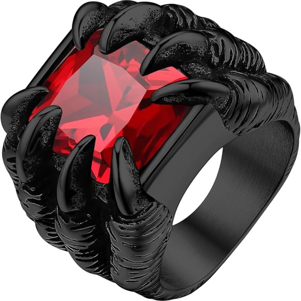 Mens red dragon claw ring stainless steel with large red gemstone biker gothic